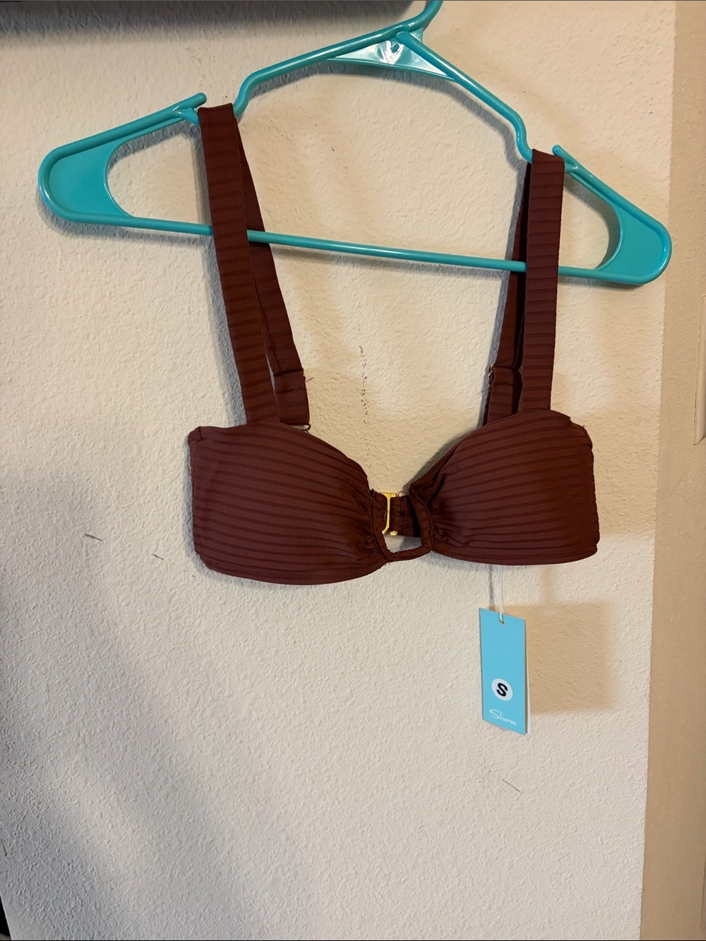 Ribbed Brown Bandeau Bikini Top with Center Gold Accent